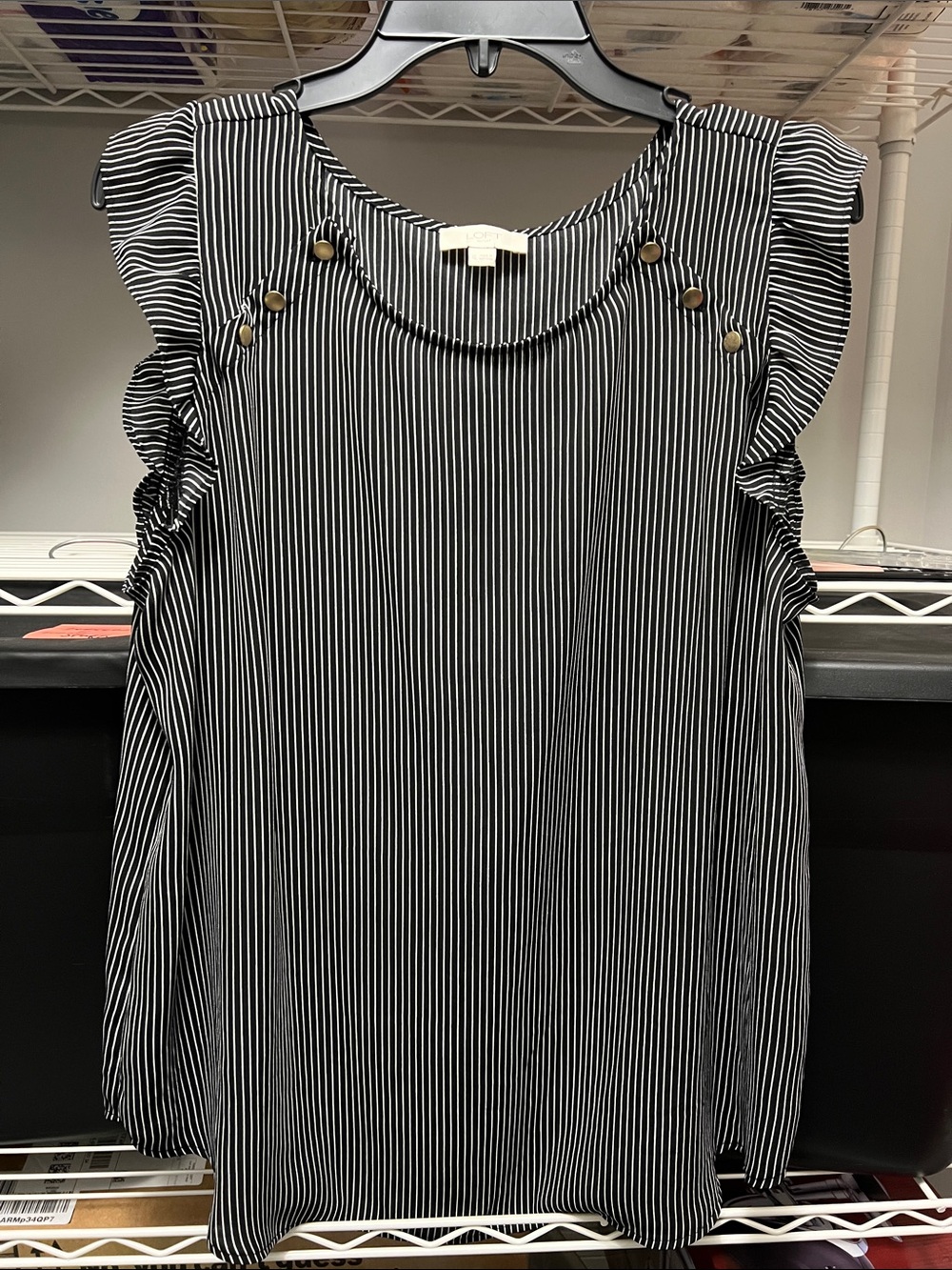 LOFT Black and White Vertical Stripe Ruffle Sleeve Shell
